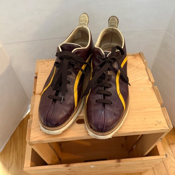 Vintage Dooney & Bourke Nicolle Size 7 Brown Yellow Stripe Leather Bowling Shoes - Picture 2 of 15